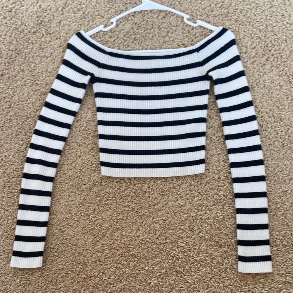 Hollister Black and White Striped Off-the-Shoulder Sweater
